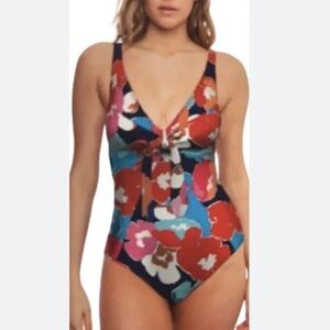 Alyned Together Red and Blue Floral Scoop Back One Piece Swimsuit with Bow tie L